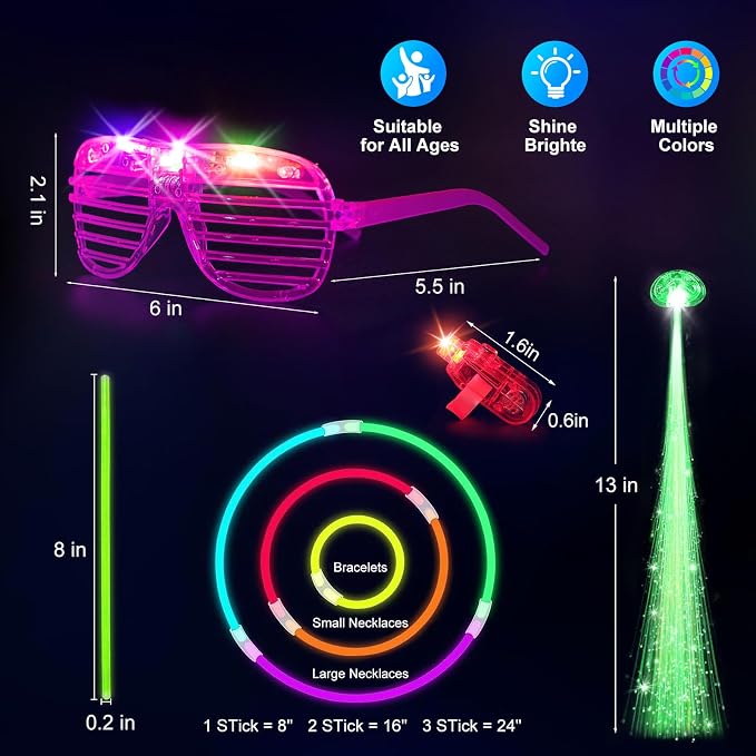 SHQDD 158 PCS Glow in the Dark Party Supplies, 14PCS LED Glasses, 30LED Finger Lights,14LED Light Hairs and 100PCS Glow Sticks Bracelets, Neon Party Favors for Wedding, Concert, 4th of july, Halloween