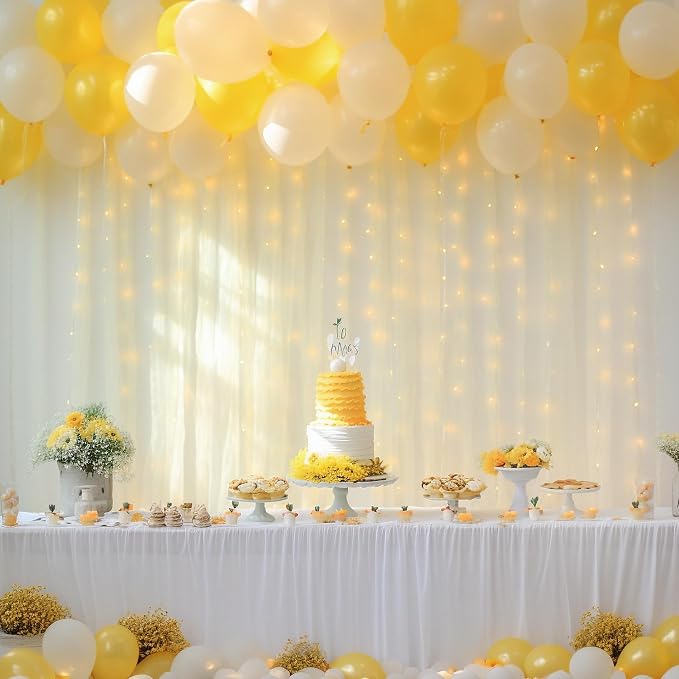 10x10ft Ivory Tulle Backdrop Curtain with Lights String for Parites, Sheer Photo Backdrop Curtain Drapes for Wedding Baby Shower Birthday Party Photo Shoot Decorations