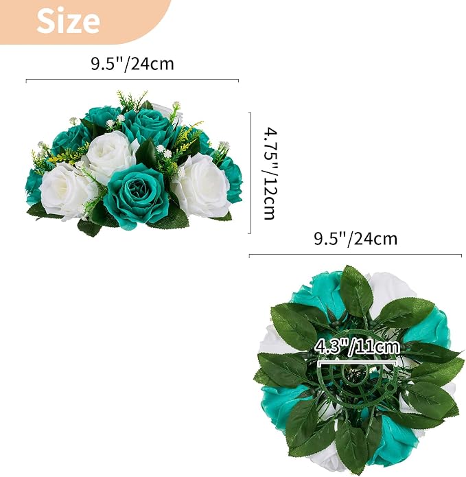 NUPTIO Flower Ball Centrepieces for Tables - Teal & White Artificial Flowers Rose for Centerpieces - Fake Rose Arrangements for Wedding Birthday Party St Patricks Day Decor 2 Pcs