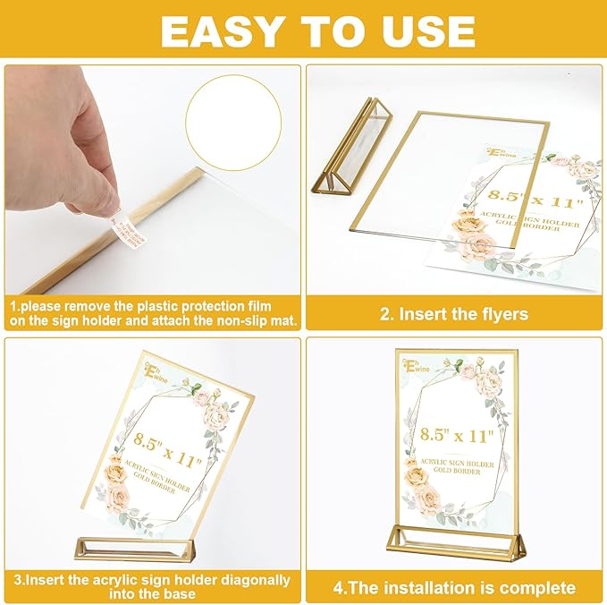 EHWINE 14 Pack 8.5×11 Clear Acrylic Sign Holder with Gold Borders and Vertical Stand, Double Sided Table Menu Holders Picture Frames for Wedding Table Numbers, Restaurant Signs, Photos and Art Display
