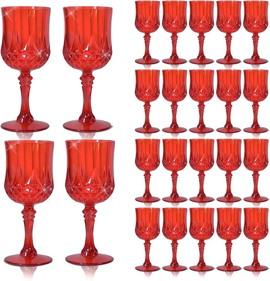 CHLJAR 24 Pcs Plastic Vintage Red Wine Drinking Glasses, 7oz Plastic Water Goblets Red Reusable Drinkware Vintage Unbreakable Champagne Glassware for Wedding Reception Grand Event Party