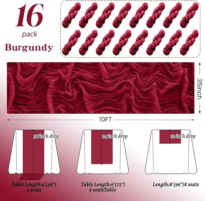 16Pack Burgundy Table Runner 10FT Burgundy Cheesecloth Table Runner 35x120Inch Long Boho Table Runners Rustic Gauze Table Runners for Party Wedding Bridal Shower Baby Shower Decorations