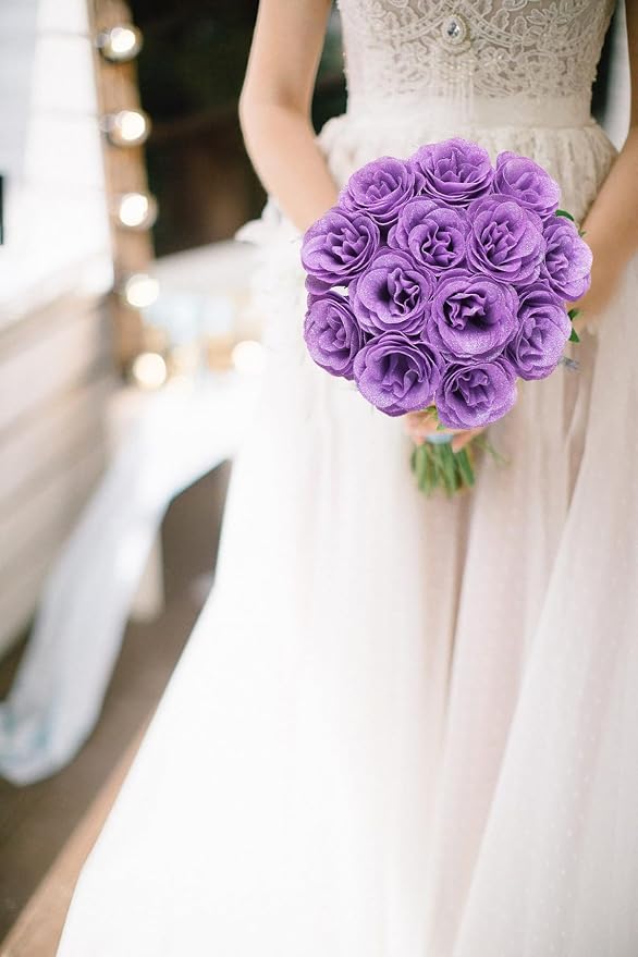 Artificial Roses with Stems,30PCS Glitter Roses Bouquet Lilac Flowers for Wedding Bouquet Party Christmas Home Decor(Lilac)