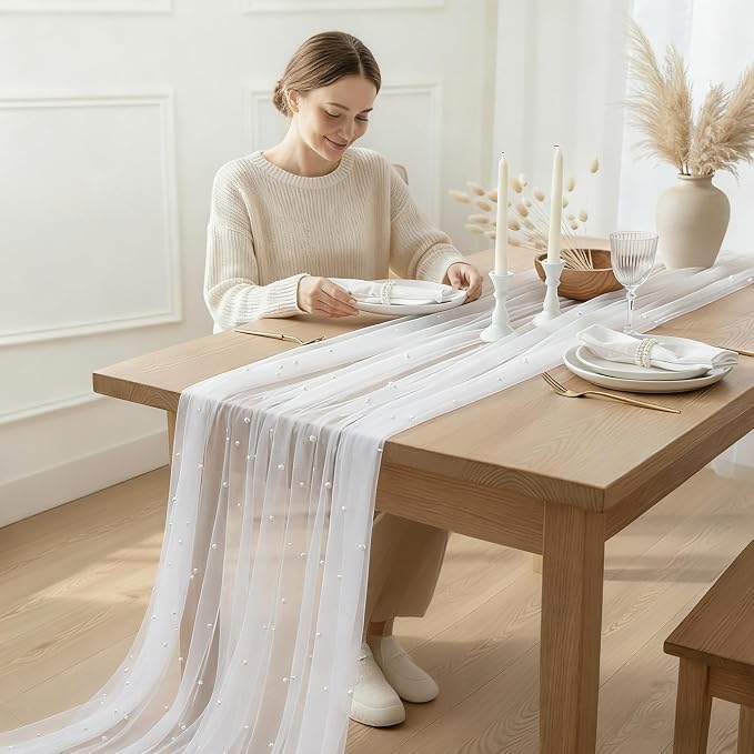Hahafelt Set of 6 Pearl Table Runner 10 ft Boho Tulle Table Runner with Pearls Tulle Fabric Lace Tablecloth for Baby Shower Wedding Arch Decor Veil Dessert Decor (White)