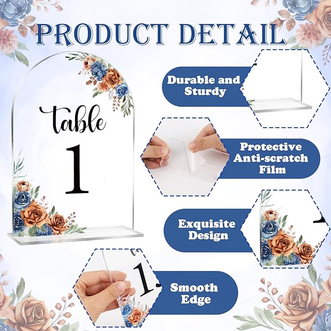 Navy & Burnt Orange Wedding Acrylic Table Number 1-20 with 20Pcs Stands, 5"x7" Floral Elegant Place Card Centerpiece Decorations for Indoor Outdoor Wedding Bridal Shower Anniversary