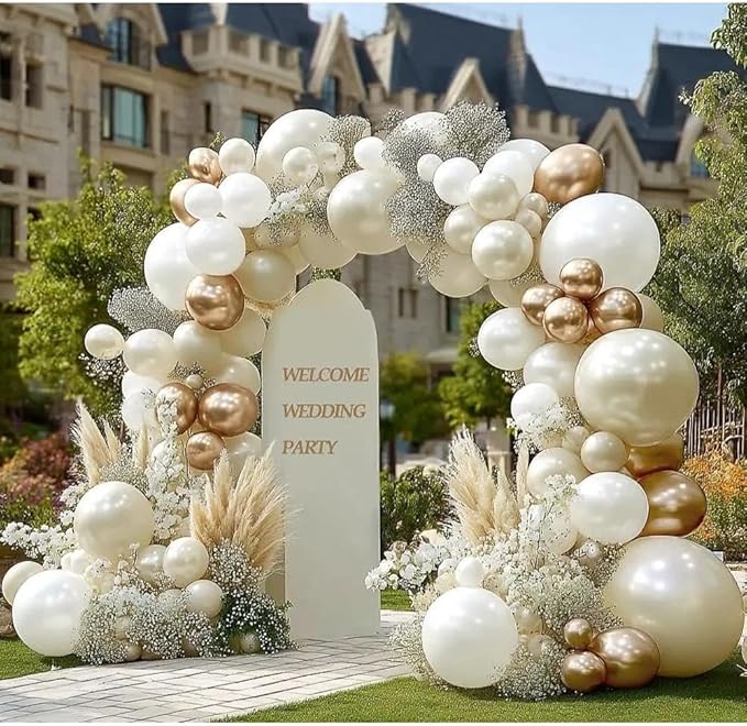 Beige Gold Balloons Double Stuffed Sand White Balloon Garland Pearl White Cream Metallic Gold Balloon Arch Kit for Birthday Wedding Bridal Anniversary Boho Baby Shower Party Decorations