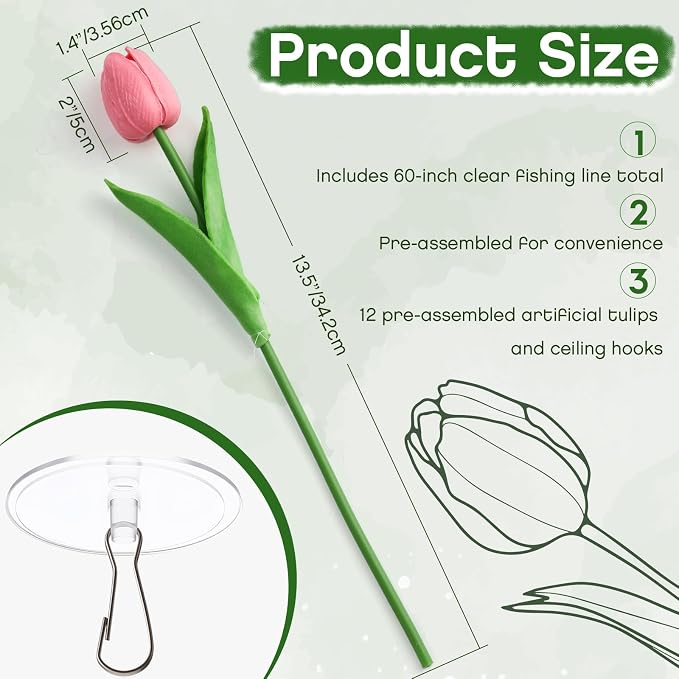 12 Pack 3 Colors 5 ft Artificial Tulips Hanging Flower Garland Decorations Spring Summer Dangling Faux Tulip Floral Vine Strings with Hooks for Wall Ceiling Wedding Tea Party