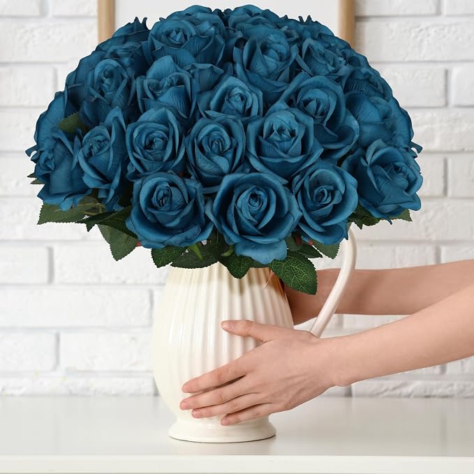 90pcs Teal Roses Artificial Flowers, Fake Velvet Silk Rose Bulk Faux Flower for Decoration DIY Wedding Centerpieces Proposal Bridal Bouquets Shower Party Home Floral Decor
