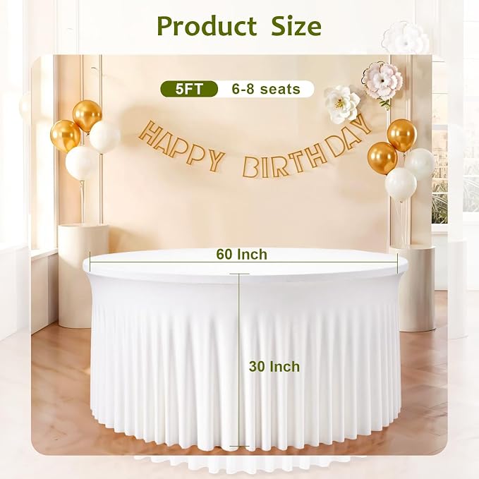 6 Pack 60 Inch White Round Tablecloth with Elastic Edge and Skirt – Washable Wrinkle-Free Fitted Table Cover for 5FT Round Tables, Wedding, Party, Birthday, Buffet, Restaurant, Dining Table