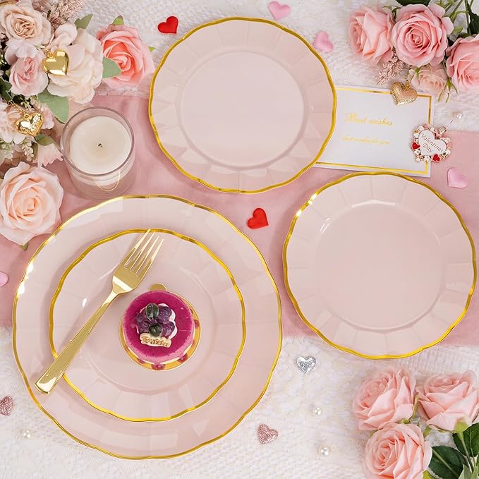 ejonirinjonir EI 150pcs Pink Plastic Plates with Gold Plastic Silverware,Pink Party Plates,Heavy Duty Plate Disposable,Gold Dinnerware Set for Birthday, Afternoon Tea,Wedding,Valentine's Day