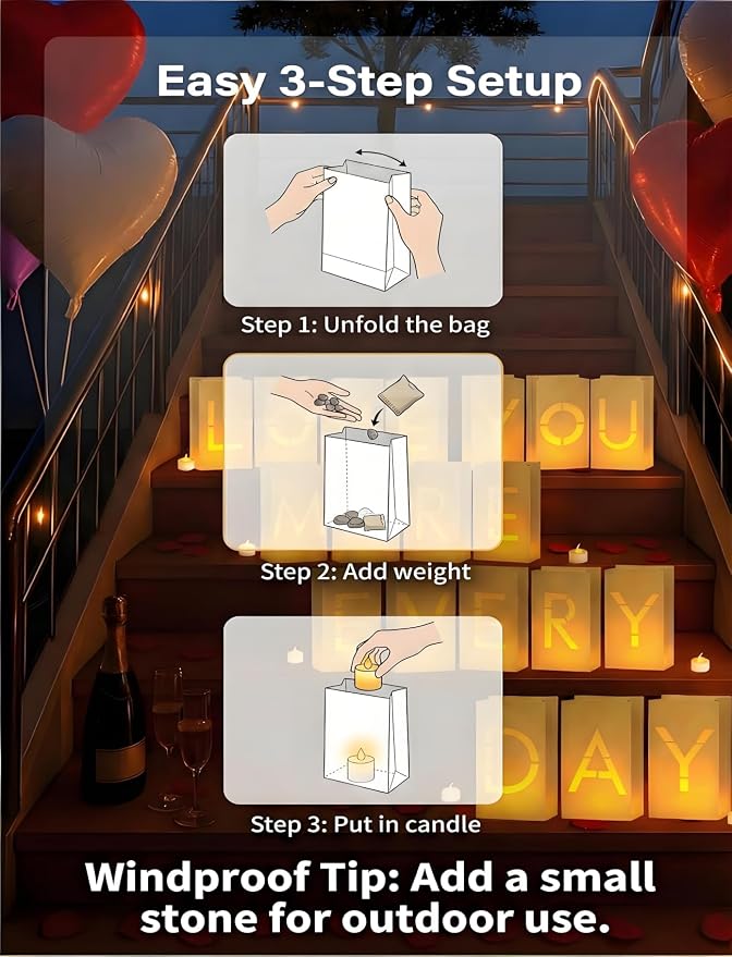 AceList Romantic Anniversary Decorations Set - Love You More Every Day 19 Pcs Luminary Bags with 40 LED Tea Lights, 2000 Rose Petals & 6 Heart Balloons - Light Up Letters Kit for Proposal