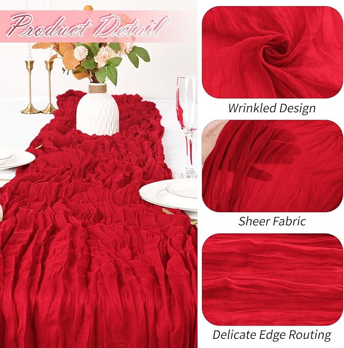 30 Pack Red Cheesecloth Table Runner 17 x 108 inch Cheese Cloth Table Runners 9ft Red Table Runner Rustic Romantic Sheer Gauze Runner for Wedding Party Baby Shower Table Decoration