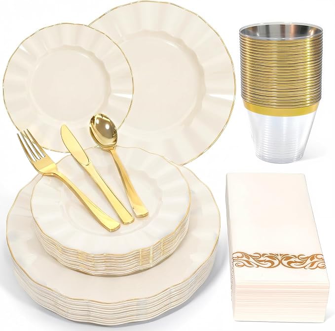 Glowserve 175 Piece Disposable Plastic Plates Dinnerware Set for 25 Guests | 50 Plastic Plates,25 Silverware Set,25 Cups and Napkins,Party Wedding Birthday,Family Gathering,Fancy Plastic Plates