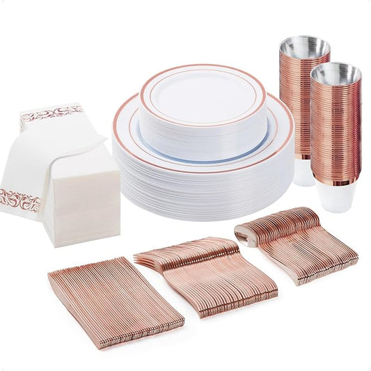 BESTVIP 175PCS Rose Gold Disposable Dinnerware Set for 25 Guests, Plastic Plates for Party, Wedding, Christmas, Include: 50 Plastic Plates, 25 Rose Gold Silverware, 25 Cups, 25 Napkins