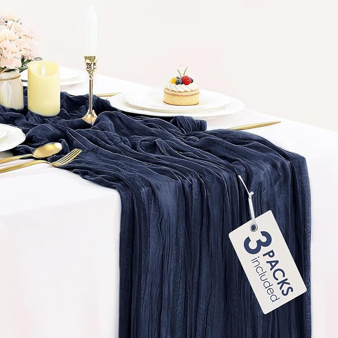 3 Pack Navy Blue Cheesecloth Table Runner 10FT Boho Gauze Cheese Cloth Table Runner Blue for Wedding Party Baby Shower Birthday Home Decor Holiday Decorations