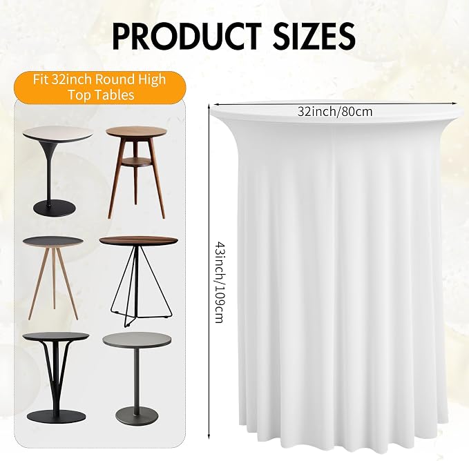 6 pk White Cocktail Table Cloth Round 32×43in-High Top Highboy Bar Cocktail Tablecloths-Wrinkle Free Stretchy Fitted Spandex Table Covers with Ruffle Desk Skirt for Wedding Banquet Party Tables