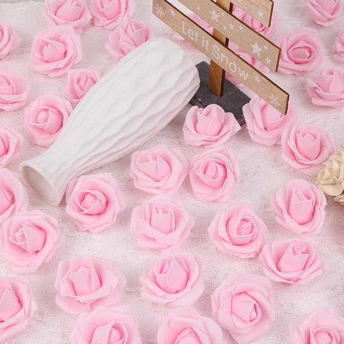 200Pcs Light Pink Artificial Rose Flower Heads,INSUNSIX 1.97in Foam Roses Stemless Flowers for DIY Crafts Weddings Bouquets Party Decoration(Light Pink)