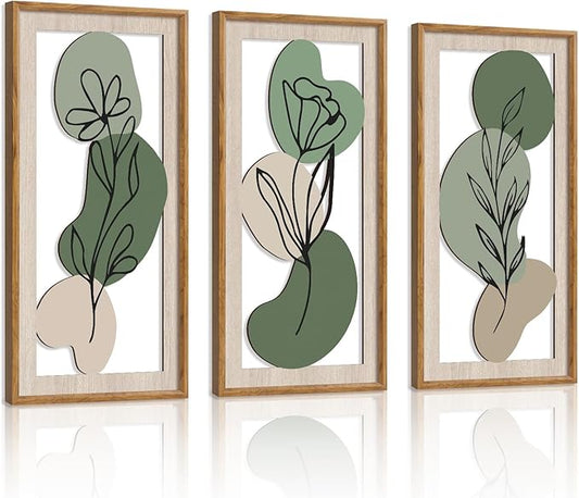 HPNIUB 3 PCS Minimalist Floral Wall Decor, Boho Green Geometric Hanging Wood Sign for Living Room, 8x16Inch Modern Bohemian Botanical Leaf Wooden Plaque for Apartment Bedroom Office Decoration