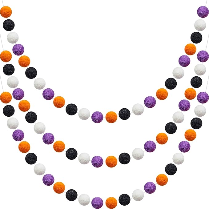 WILLBOND 3 Pieces Wool Felt Rainbow Ball Garland Colorful Pom Pom 6.5 ft Long 24 Ball Garland for Easter Mardi Gras Classroom Halloween Thanksgiving Xmas (Purple,Orange,Black,White)