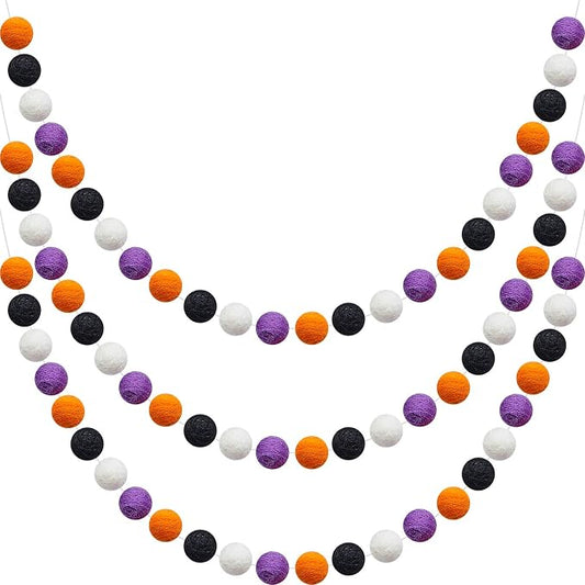WILLBOND 3 Pieces Wool Felt Rainbow Ball Garland Colorful Pom Pom 6.5 ft Long 24 Ball Garland for Easter Mardi Gras Classroom Halloween Thanksgiving Xmas (Purple,Orange,Black,White)