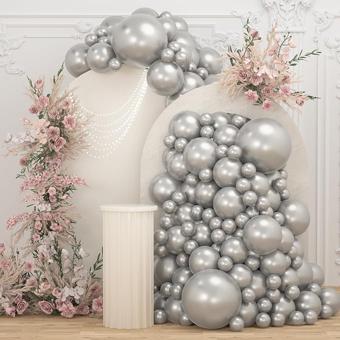 108Pcs Metallic Silver Balloons Different Size, 18/12/10/5 inch Chrome Silver Balloons Garland Arch kit for Birthday Baby Shower Graduation Party Decoration