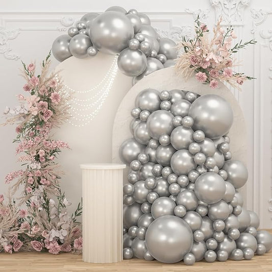 108Pcs Metallic Silver Balloons Different Size, 18/12/10/5 inch Chrome Silver Balloons Garland Arch kit for Birthday Baby Shower Graduation Party Decoration