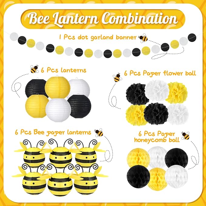 25 Pcs Honey Bee Party Decorations Include 6 Paper Fans Lantern 6 Tissue Honeycomb Ball 6 Paper Pom Poms 6 Bee Hanging Decor Circle Dot Garland for Baby Shower Birthday, Black Yellow White