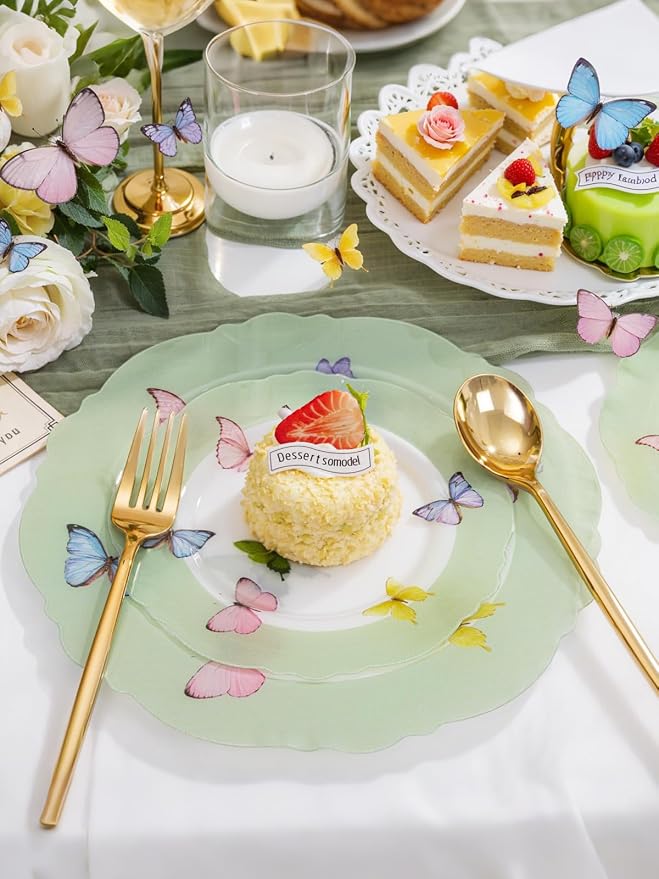 WDF 20PCS Green Butterfly Plates - Baroque Spring Plates Disposable - Butterfly Party Decorations for Birthdays/Tea Party/Bridal Shower/Mother's Day