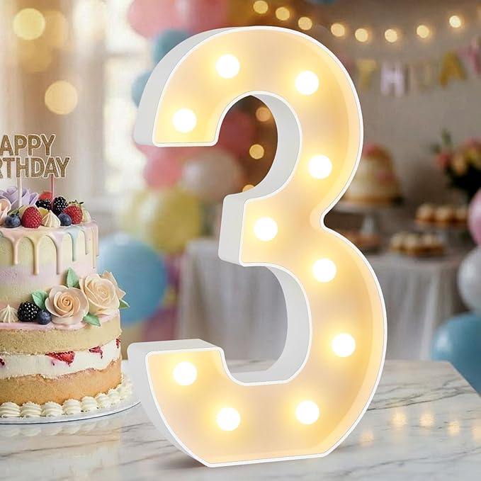 12.6 Inch LED Marquee Light Up Numbers, Birthday Number Lights as Gifts for Girls Women Men, Lighted Marquee Numbers for Anniversary Party Night Light Table Decorations, Number 3