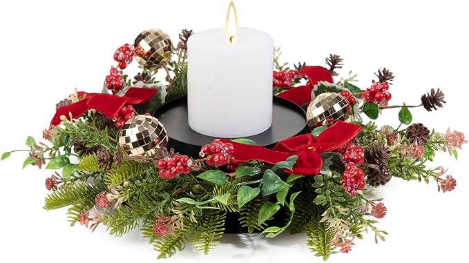MOYEE Christmas Winter Centerpieces for Tables Candle Ring, Black Metal Candlestick with an Artificial Wreaths 14 in Versatile Dining Table Centerpiece Decor (Red Bow Pinecone Wreath)
