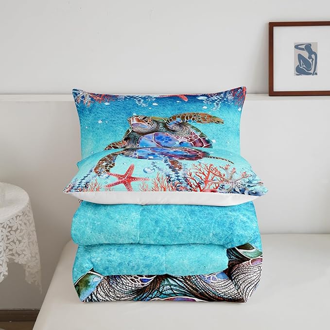 Feelyou Sea Turtle Comforter Set Twin Size Kids Starfish Comforter for Boys Girls Teens Ocean Themed Bedding Set Sea Underwater World Duvet Set Marine Life Sealife Quilt