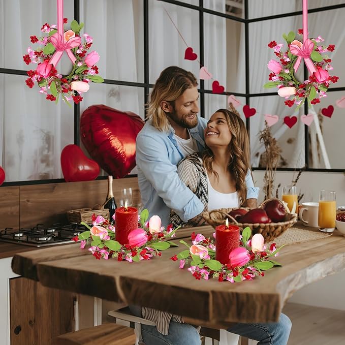 6 PCS 9" Mini Valentine's Day Wreath for Front Door Valentine Kitchen Cabinet Wreath Artificial Tulip Small Wreath with Forsythia Flowers Lavender Green Leaf Ribbon for Wedding Window Home Wall Decor