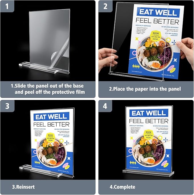Comix Acrylic Sign Holder 8.5x11 Inches, 12 Pack Double Sided Clear Display Stand Plastic Table Top Paper Stand, Vertical Menu Flyer Holder for Restaurants, Store, Office