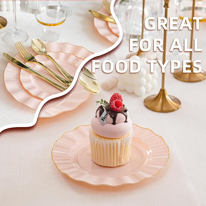 175PCS Gold and Pink Plastic Dinnerware Set, Plastic Party Plates for 25 Guests, 50 Disposable Plates, 25 Heavy Duty Silverware, 25 Cups, 25 Napkins for Party and Wedding
