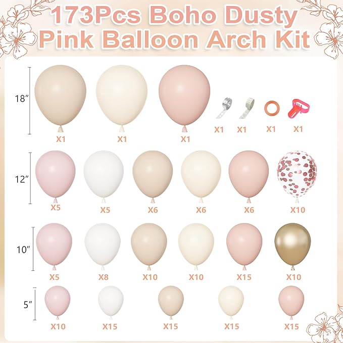 Amandir 173Pcs Boho Dusty Pink Balloon Arch Garland Kit, Neutral Baby Pink Ivory White Sand Nude Rose Gold Confetti Balloons for Monther Day Shower Gender Reveal Wedding Birthday Party Decorations