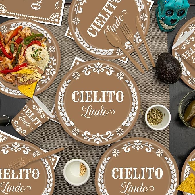 142 pcs Cielito Lindo Baby Shower Tableware, Mexican Theme White Talavera Baby Girl Shower Party Decoration Paper Plates Napkins Forks Serves 20