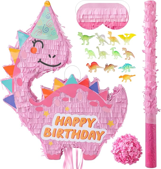 VinTS Pink Dinosaur Piñata Kids Dino Piñata with Blindfold Bat for Dinosaur Themed Party Game Girls Birthday Party School Activitives Dinosaur Birthday Decor(16.5x13x3.15in)
