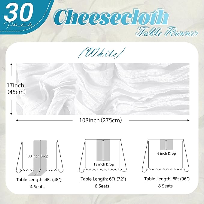 30 Pack White Cheesecloth Table Runner 17 x 108 inch Cheese Cloth Table Runners 9ft White Table Runner Rustic Romantic Sheer Gauze Runner for Wedding Party Baby Shower Table Decoration