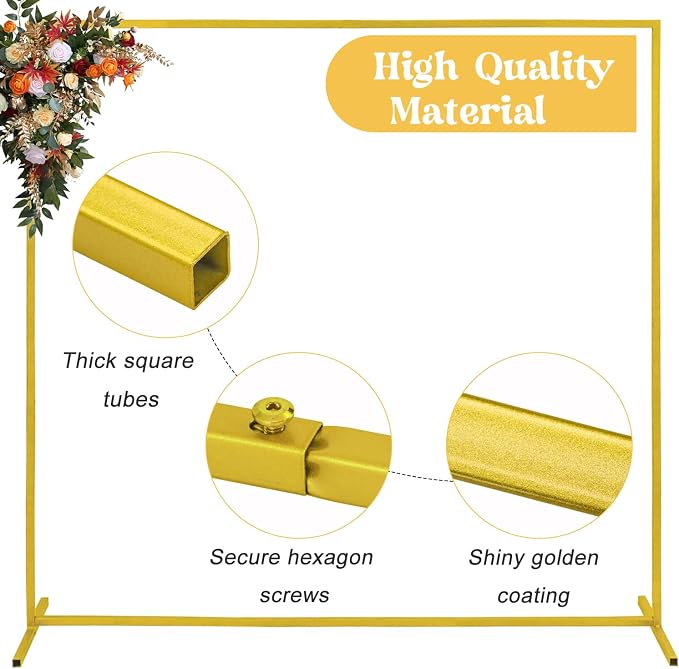 Metal Arch Backdrop Stand 6.6FTx6.6FT Square Wedding Arch Stand Stable Gold Arch Frame Balloon Arch Stand for Wedding Ceremony Birthday Party Bridal Baby Shower Banquet Decoration (Gold)
