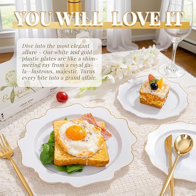 WDF 200PCS White and Gold Plastic Plates - Gold Plastic Plates - Include 100 Dinner & 100 Dessert Disposable Party Plate - Fancy Disposable Plate for Wedding/Baby Shower/Spring/Mother's Day