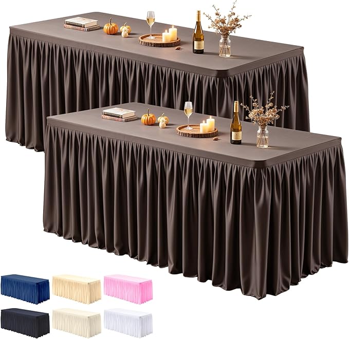PARTISKY 2 Pack Chocolate Tablecloths for Rectangle Tables 6ft, Wrinkle Resistant Spandex Table Cover Fitted Stretch Table Cloth with Pleated Ruffle Skirts for Party Banquet Dining Birthday Wedding