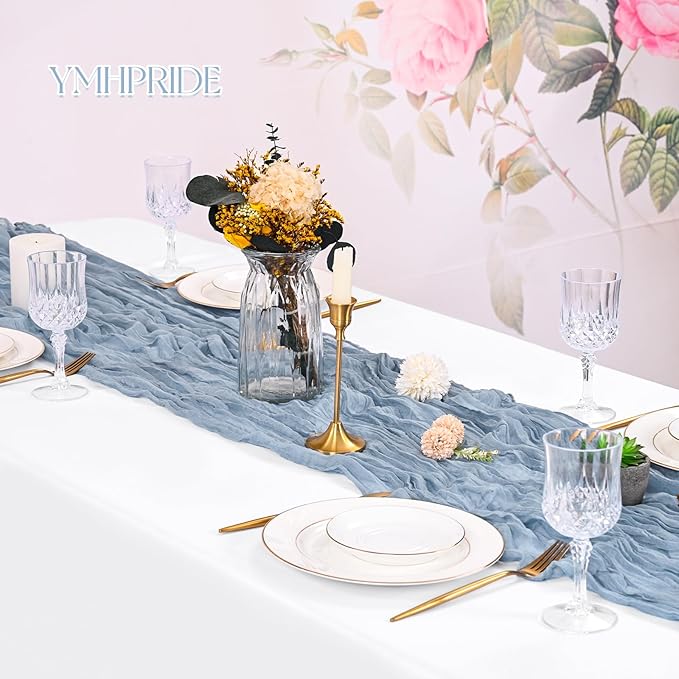 8 Pack Dusty Blue Cheesecloth Table Runner 120 Inch 10FT Spring Boho Rustic Sheer Gauze Cheese Cloth Table Runner for Wedding Baby Shower Birthday Party Table Decor