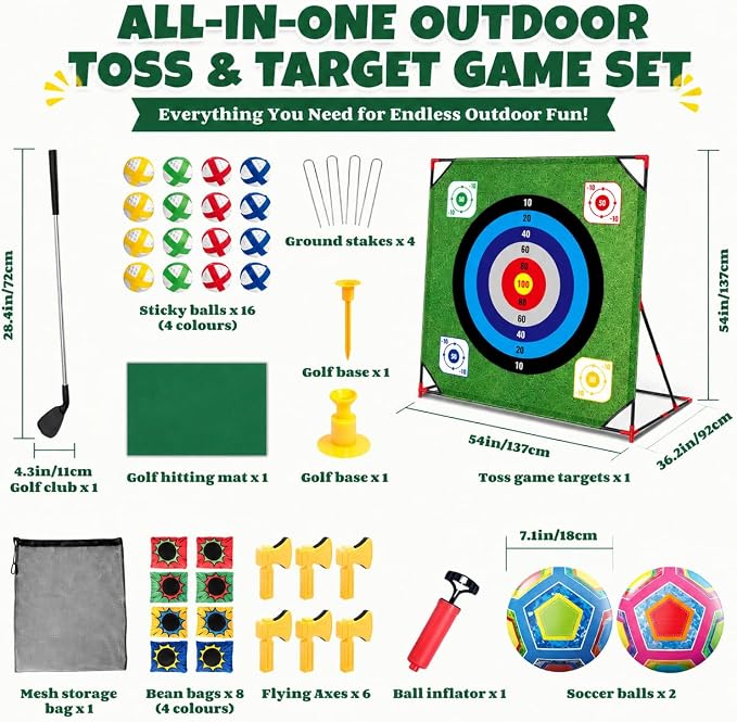 Golf Chipping Game, Battle Game for Kids & Adults, Giant 54”x54” Golf Target Mat with 16 Sticky Balls, 8 Bean Bag, 6 Axe & 2 Soccer, Perfect for Family Fun, Lawn, Poolside, Backyard Party