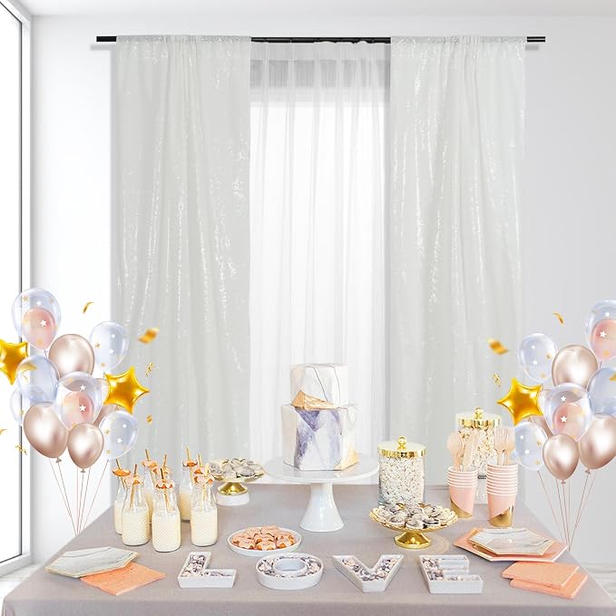 PartyDelight White Sequin Backdrop Curtains 2x8ft 2 Panels | 3mm stitched sequin curtain with 4 inch rod pocket for 2x8ft 2 panel doorway window side drape narrow photo booth strip