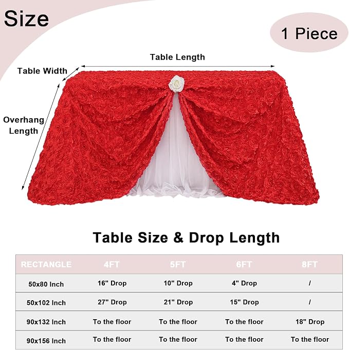 Red Flower Tablecloth 50x80 Inches Rosette Tablecloth Elegant Floral Satin Table Cover for Wedding Birthday Party Decorations