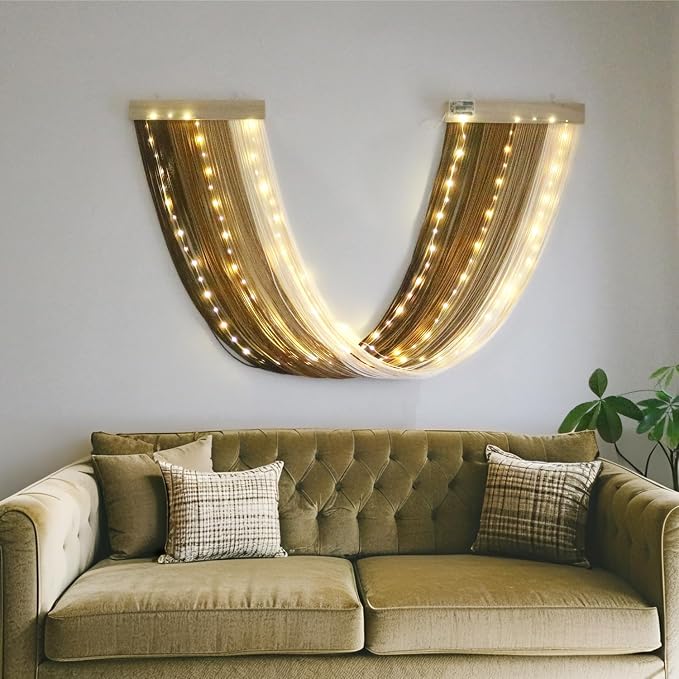 Macrame Fairy Lights Battery Operated with Remote & Timer, Brown Gradient | Handwoven Wall Hanging with 20ft 100 LEDs Warm White Timer String Lights for Bedroom,Living Room,Party,Wedding,Christmas Deco