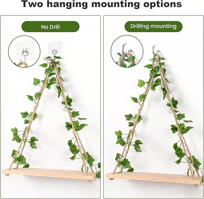 RICHER HOUSE Macrame Floating Shelves for Wall No Drilling, Boho Hanging Shelf with Artificial Ivy and LED Lights, Plant Wall Decor for Living Room Bedroom Dorm