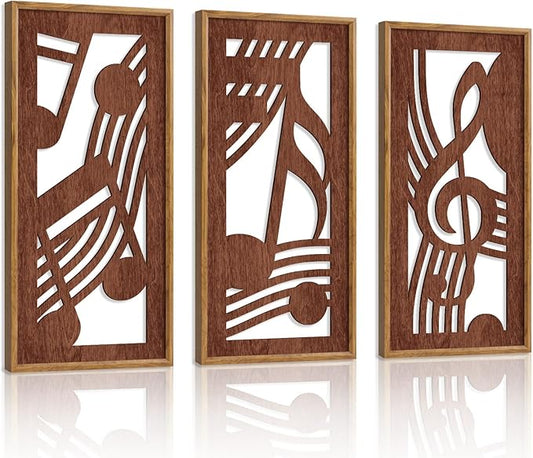 HPNIUB 3PCS Rustic Musical Symbols Wall Decor, Modern Music Theme Wood Sign Artwork, Minimalist Piano Strings Musical Note Wall Hanging Plaque for Living Room Music Studio Apartment(8x16Inch)