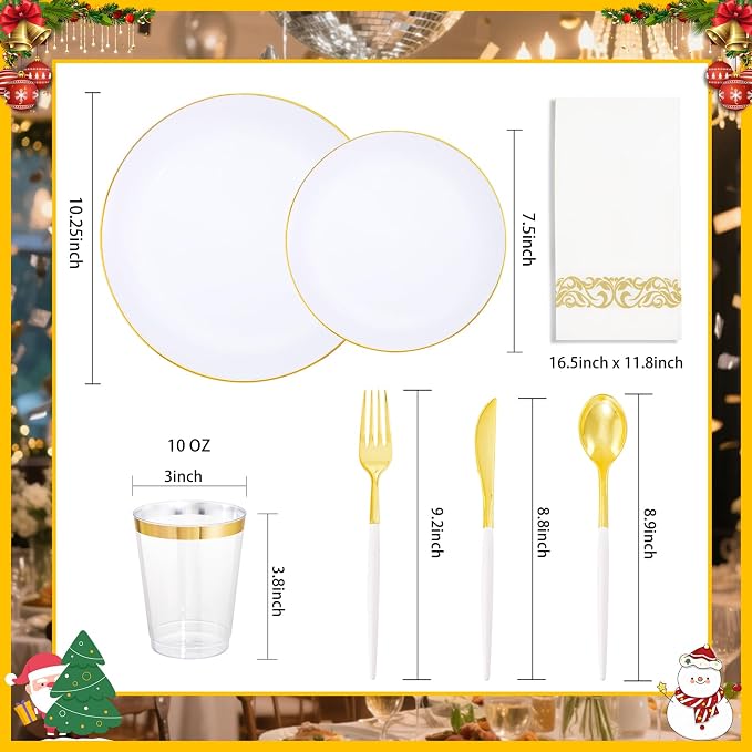 Supernal 350PCS White and Gold Plastic Dinnerware Set (Serves 50 Guests) - Extra Heavyweight Disposable Plates with Premium Two-Tone White Handle Gold Utensils, Cups, Napkins for Wedding