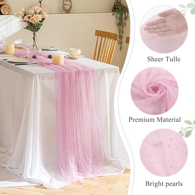 Pearl Table Runner 29 x 120 Inch Tulle Fabric Lace Table Runners for Bridal Shower Birthday Party Wedding Arch Dessert Table Decor(1 Pack, Pink)